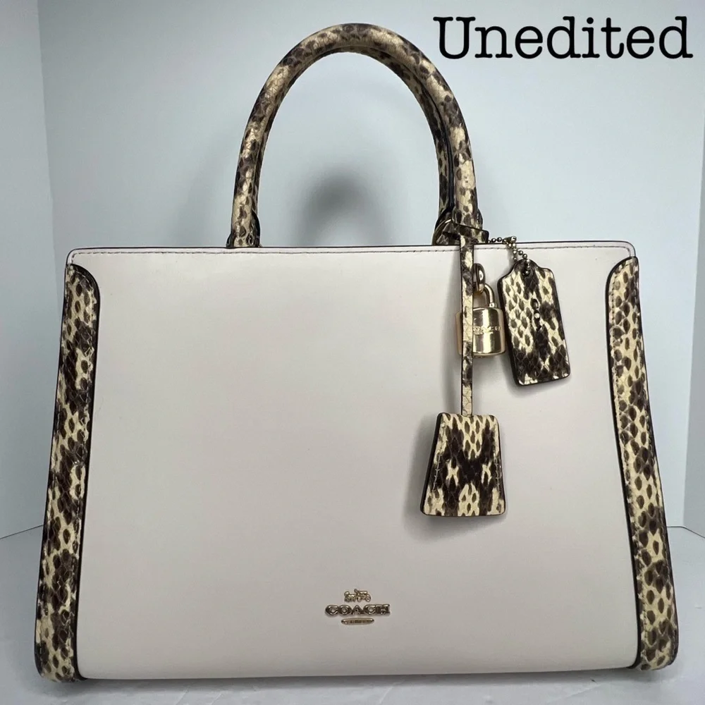 Coach Zoe Chalk Exotic Snakeskin Trim Top Handle Satchel Bag F68293 Zoe